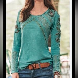 Sundance Teal Embroidered Long Sleeve Top women’s size large